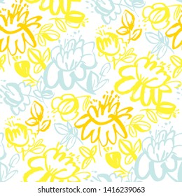 Summer yellow hand drawn flowers seamless pattern on white background. Decorative shabby floral repeatable motif for textile, fabric, wrapping paper, surface design. Vivid  sunny flower rapport. 