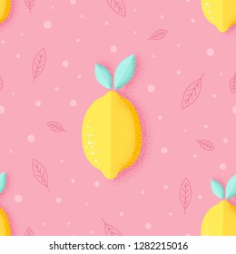 Summer yellow lemons with mint leaves on a candy pink backdrop. Bright vector seamless pattern for fabric and textile print, kitchen background, towel print, stationery, and mail design