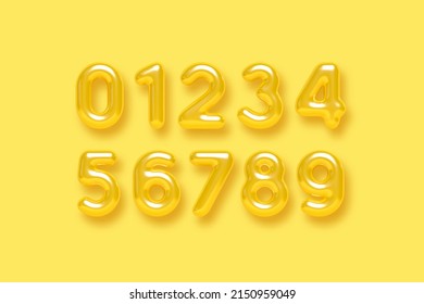 Summer yellow number vector set. 3d realistic glossy typeface. Decorative numbers for banner, cover, birthday or anniversary, summer holiday party.