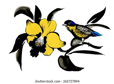 Summer yellow orchid watercolor flower with bird vector illustration