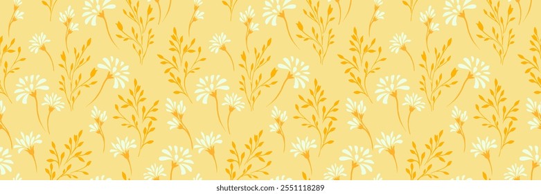 Padrão amarelo de verão com abstrato minúsculos caules florais e pequenos ramos, mão vetor desenhando flores únicas. Ornamento simples para desenhos, têxteis, tampa, design de superfície, tecido, papel de parede