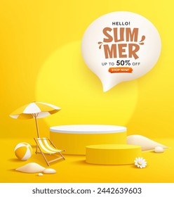 Summer yellow podium sale, beach umbrella and beach reclining chair, pile of sand, poster design on yellow background. EPS 10 Vector illustration