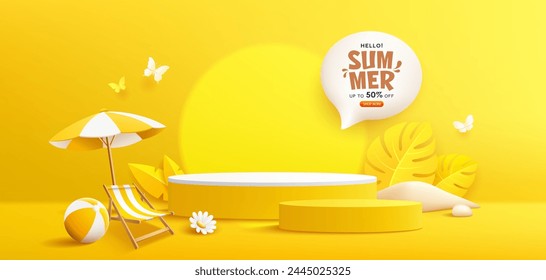 Summer yellow podium sale, beach umbrella and beach reclining chair, pile of sand, tropical leaf, banner design on yellow background. EPS 10 Vector illustration
