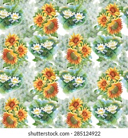 Summer yellow sunflowers and blooming white lotus flowers watercolor seamless pattern on white background vector illustration