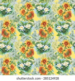 Summer yellow sunflowers and blooming white lotus flowers watercolor seamless pattern on yellow background vector illustration