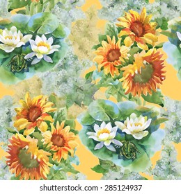 Summer yellow sunflowers and blooming white lotus flowers watercolor seamless pattern on yellow background vector illustration