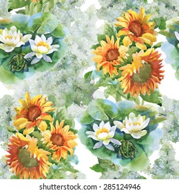 Summer yellow sunflowers and blooming white lotus flowers watercolor seamless pattern on white background vector illustration