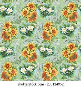 Summer yellow sunflowers and blooming white lotus flowers watercolor seamless pattern on green background vector illustration