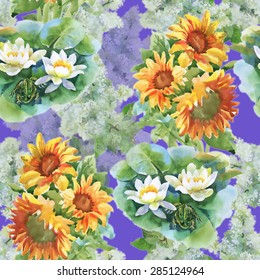 Summer yellow sunflowers and blooming white lotus flowers watercolor seamless pattern on purple background vector illustration