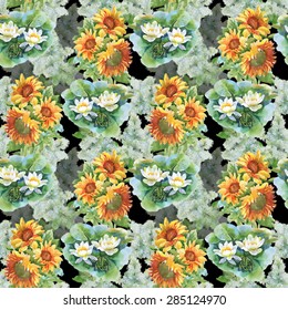 Summer yellow sunflowers and blooming white lotus flowers watercolor seamless pattern on black background vector illustration