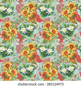 Summer yellow sunflowers and blooming white lotus flowers watercolor seamless pattern on red background vector illustration