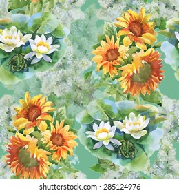 Summer yellow sunflowers and blooming white lotus flowers watercolor seamless pattern on green background vector illustration