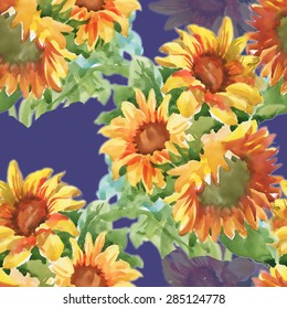 Summer yellow sunflowers watercolor seamless pattern on blue background vector illustration