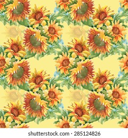 Summer yellow sunflowers watercolor seamless pattern on yellow background vector illustration
