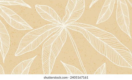 Summer yellow tropical background with white outlines of branches and leaves. Botanical banner, poster, cover or card.