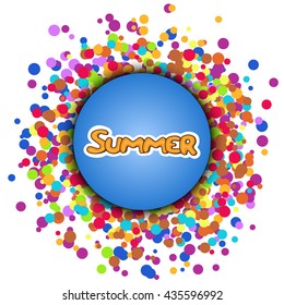 Summer yellow vector lettering on blue sphere and abstract color background with irregular circles.  Text vector illustration. Hand drawn inspirational quote.