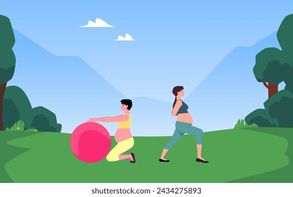 Summer yoga class for pregnant women in nature. Flat vector illustration showing expectant mothers in various yoga poses against nature background.