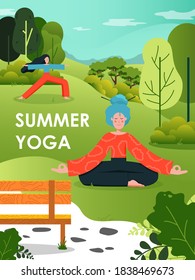 Plantilla de diseño de afiches de yoga de verano, ilustración vectorial plana. Mujeres jóvenes practicando yoga en el parque. Estilo de vida saludable, entrenamiento al aire libre.