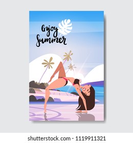 summer yoga woman doing exercises sunrise beach badge Design Label. Season Holidays lettering for logo,Templates, invitation, greeting card, prints and posters. vector illustration