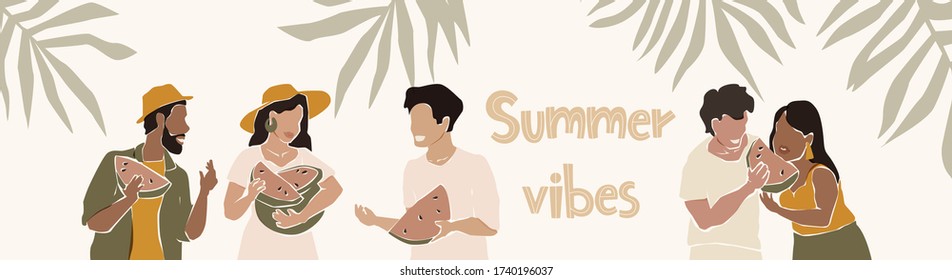 Summer young friends is holding slice of watermelon and talking. Woman and man enjoying and fun. Happy people eating fruit slice and laughing together. Cheerful cool character on holidays or vacation