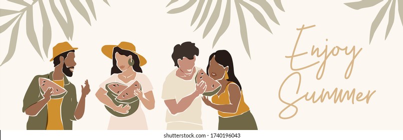 Summer young friends is holding slice of watermelon and talking. Woman and man enjoying and fun. Happy people eating fruit slice and laughing together. Cheerful cool character on holidays or vacation