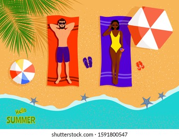 Summer, a young guy and an African-American girl tan under the palm trees. Vector illustration