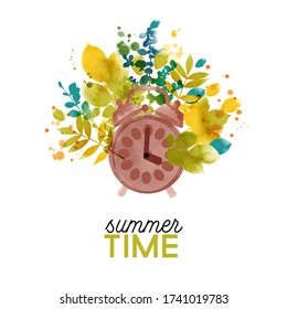 Summer zeit card design. watercolor illustration of old alarm clock and watercolor leaves.