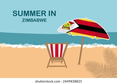 Summer in Zimbabwe, beach chair and umbrella, vacation or holiday in Zimbabwe, vacation concept vector design, summer holiday, sea sand sun, travel and tourism idea