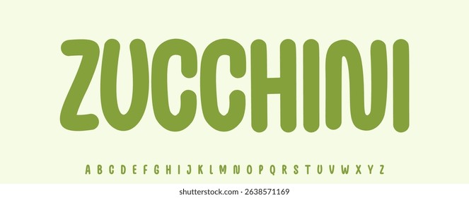 Summer zucchini lettering, cartoon joyful color alphabet, rounded playful font for bright kid fresh product headline, friendly logo. Childish typographic design. Packaging typography. Vector typeset