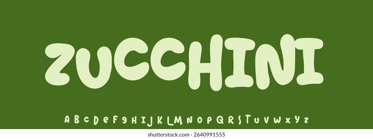 Summer Zucchini Vegetable, joyful lettering, cartoon rounded typography. Childish font for friendly logo headline of culinary recipe book, sweets title. Food typographic design. Vector typeset.