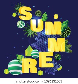 summer,3D text and decorative leaves on dark , backlit, vector background