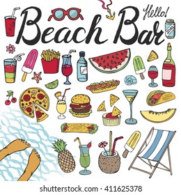 Summer.Beach bar menu.Hand drawn doodle vector set.Poster Cocktails advertisement.Fast food icons, drinks,beverage range,fruit ,juice,alcohol.Retro illustration.Summertime,vacation.