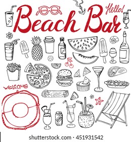 Summer.Beach bar menu.Hand drawn doodle vector set.Poster Cocktails advertisement.Fast food icons, drinks,beverage range,fruit ,juice,alcohol