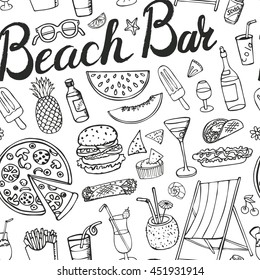Summer.Beach bar menu.Hand drawn doodle vector seamless pattern.Cocktails advertisement.Fast food icons, drinks,beverage range,fruit ,juice,alcohol.