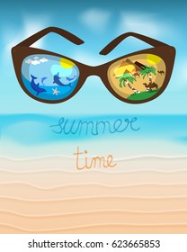 Summer.Beach tourism background for summer.Summer Time Title in Sand and Horizon Background with Sunglasses, Shades,dream,camel,dolphin,pyramid,corals in Beach Sea Shore. Editable vector Illustration.