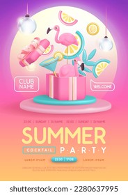 Summercocktail disco party poster with 3D plastic cocktail, tropic leaves and flamingo. Vector illustration