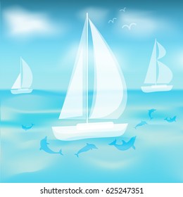 Summer,cruise,travel,holiday,yachting,ocean,Sailing in the wind through the waves at the Sea.Seascape with yacht ,waves,clouds,wind,dolphin,sail background.Yacht,sailboat icon.Vector illustration
