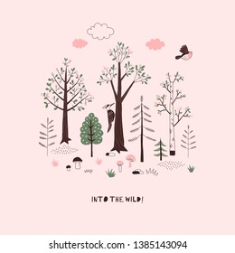 Summere Forest themed vector illustration. Woody landscape scene graphics. Woodland childish print in Scandinavian decorative style. Cute forest tree plant bird poster. Into the wild concept.