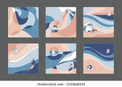 Summer-flavoured illustration set. Six minimalistic abstract cards filled with summer vibes. Waves, ice cream, sunny beaches, seashells and boats - all you need for a great vacation.

