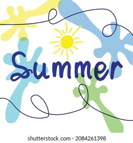 summer-hand drawn lettering with abstract pattern and yellow sun illustration on white background. hand drawn vector. doodle art for wallpaper, poster, banner, greeting card, theme, cover, flyer. 
