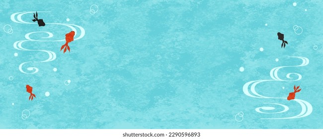 Summer-like banner design with goldfish and flowing water pattern. Watercolor texture. Vector illustration.