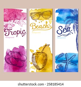 Summers holiday cards. Set of three templates with watercolor splashes and hand drawn items. Beach, tropical and sea.