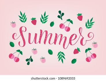 SUMMER-season vocation, weekend, holiday badge. Summer time wallpaper. Summer vector lettering text. Happy Summer Day. Lettering with berries. EPS 10
