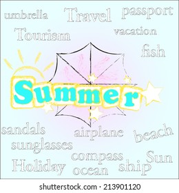 Summer.Season.Summer scene with umbrella and sun . Hello summer .Summer time .