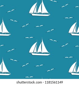 Summer-spring pattern - Sailing boat white and seagulls - blue vector background