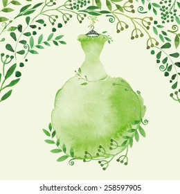 Summer,spring watercolor  Bridal shower card.Green stain wedding dress.Green branches decor, background.Fashion Illustration.Nature abstract vector 