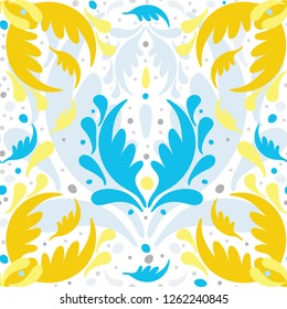 Summer/Spring, yellow blue decorative pattern on white background.