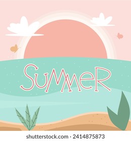 Summer.Summer background with an inscription, view of the beach with the sea and the setting sun. Vector illustration in flat style.