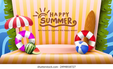 A summer-themed background podium featuring green leaves. The background is designed in a paper craft style with EPS 10 format.