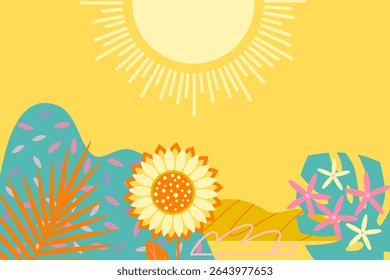 Summer-themed background with sunflowers, monstera leaves, and coconut trees . Summer concept vector illustration.